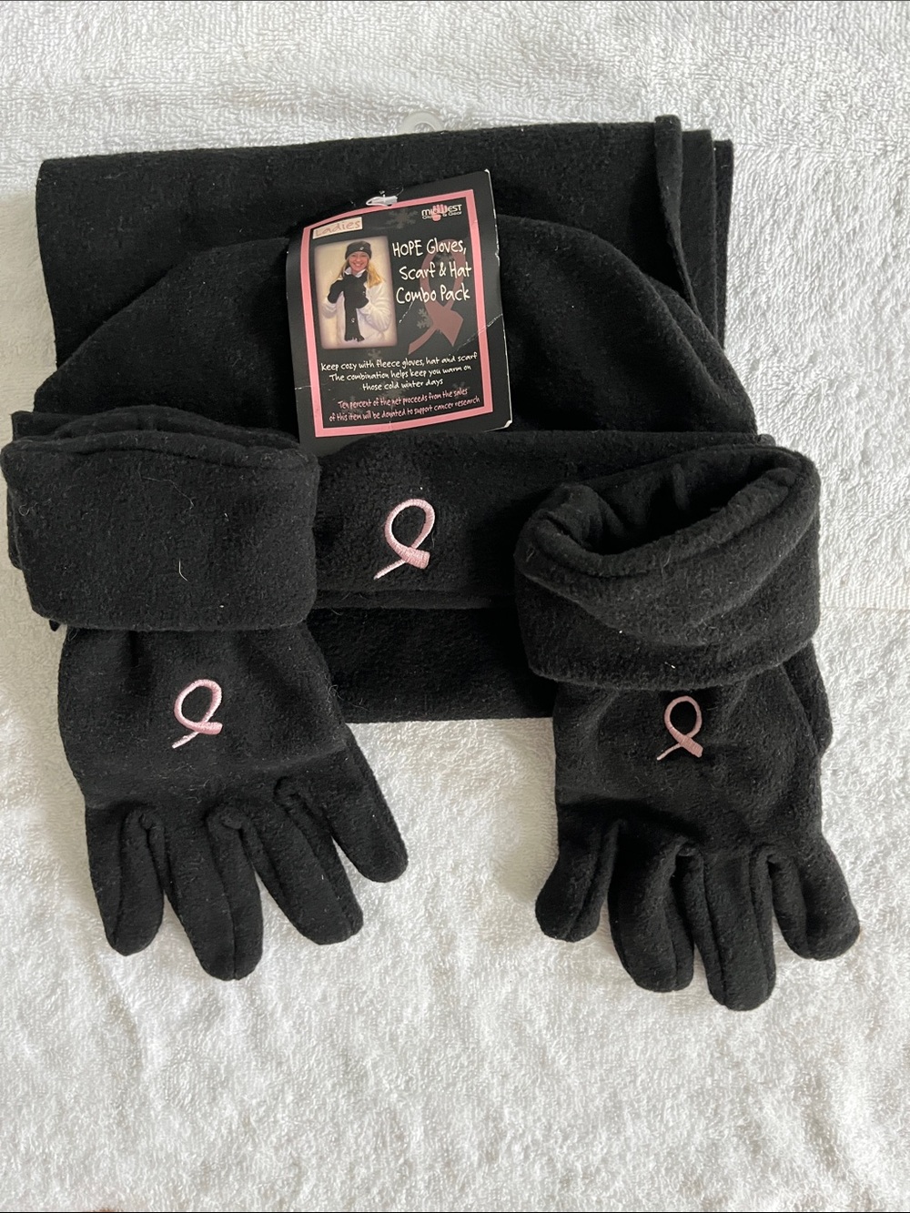 Hope Gloves Black Fleece Scarf & Hat Combo Pack with Pink Ribbon